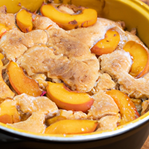 A mouthwatering Dutch oven peach cobbler with a golden crust, fresh peaches, and a hint of cinnamon.