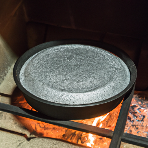 A cast iron Dutch oven placed over hot coals for cooking the pizza.